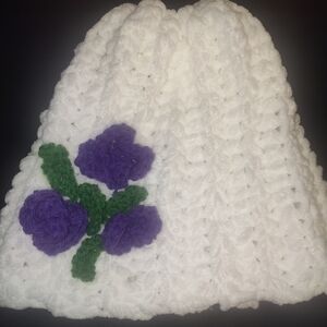 White Hand Crochet Hat (Can Be Customized) with Purple Floral Design (Optional).